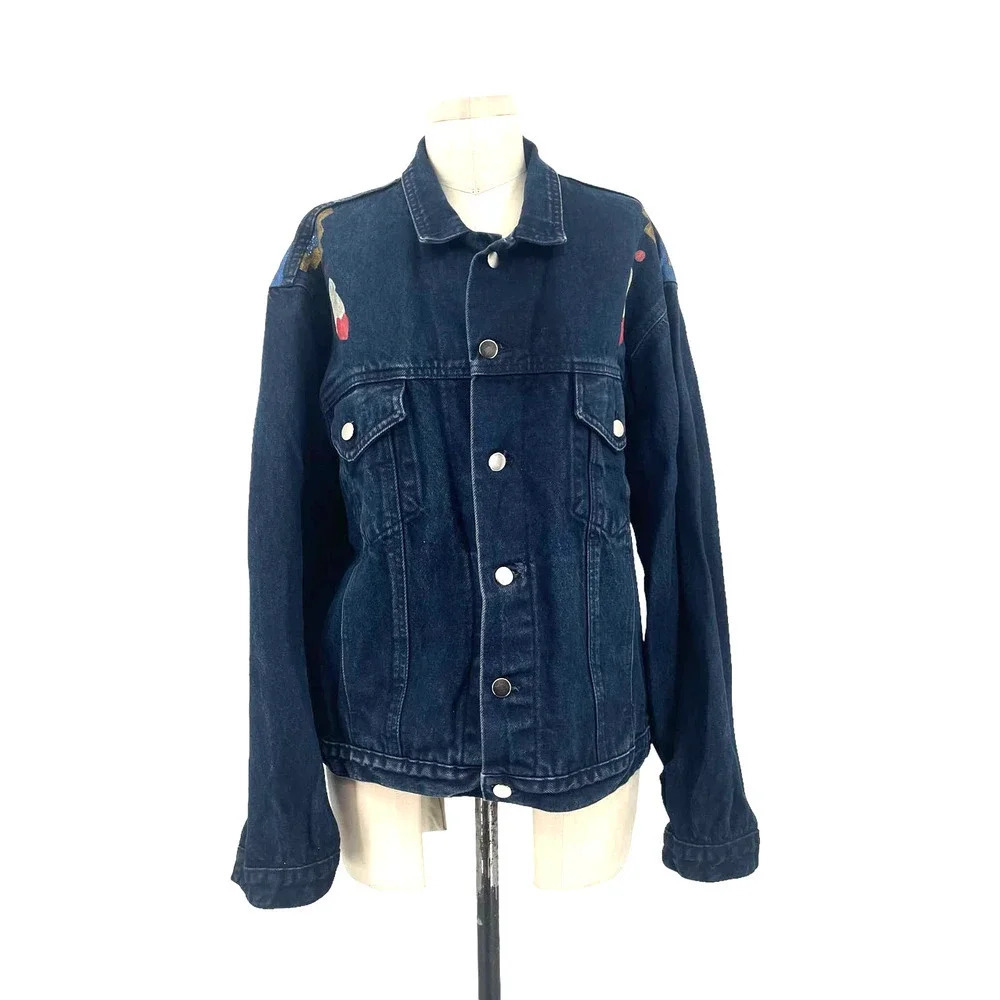 Sundance Hand Painted Feather Print Dark‎ Denim Jacket Blue Red Size XL
